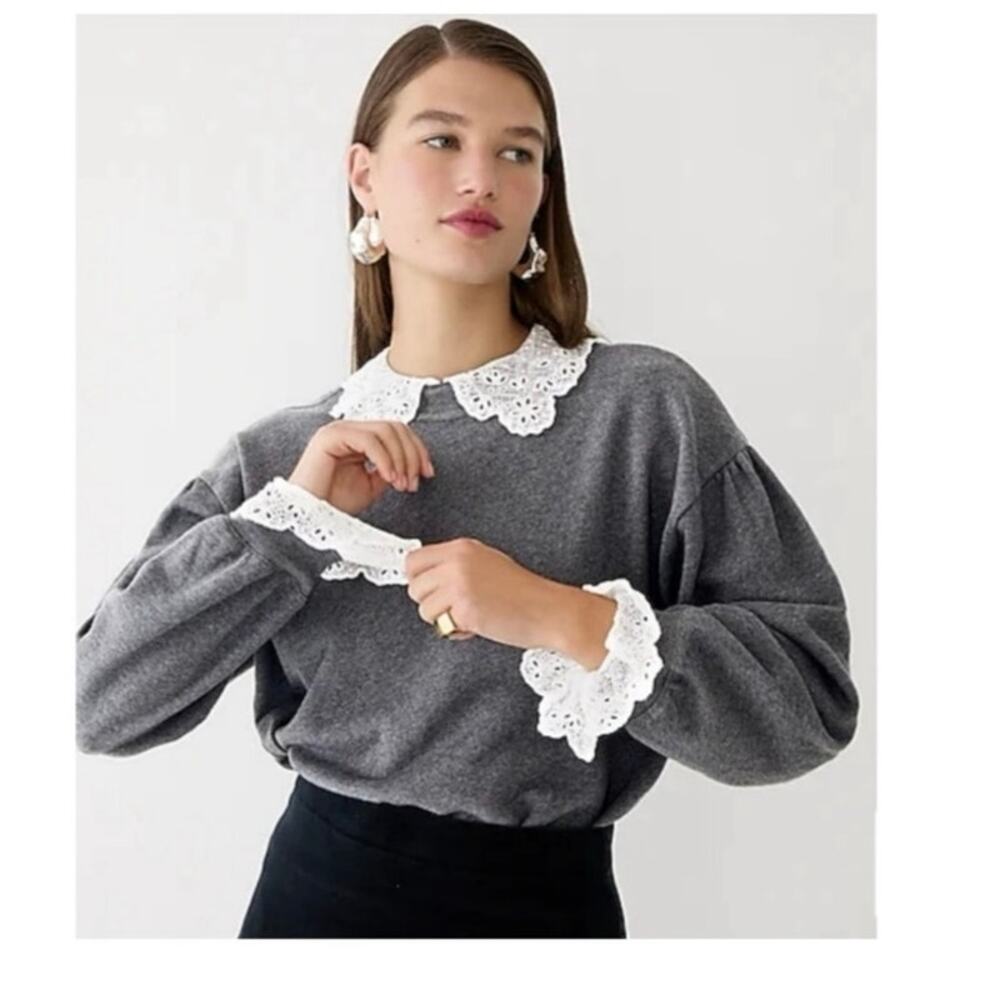J Crew Womens XS Gray Sweater Eyelet Lace Peterpan Collar Ruffle Cuffs Cotton
